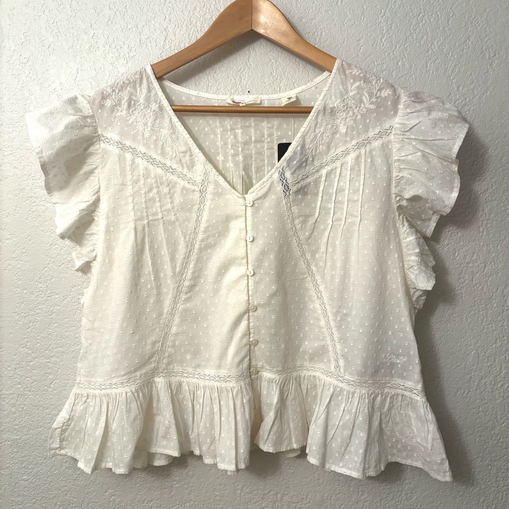 Levi’s Ivory Lace Ruffled Top Feminine Cottagecore Boho Sz L